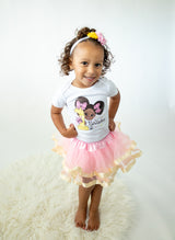 Pink & Gold Afro Puffs 1st Birthday Outfit for Girls – Short Sleeve Bodysuit, Tutu Skirt & Headband Set