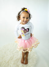 Pink & Gold Afro Puffs 1st Birthday Outfit for Girls – Long Sleeve Bodysuit, Tutu Skirt & Headband Set