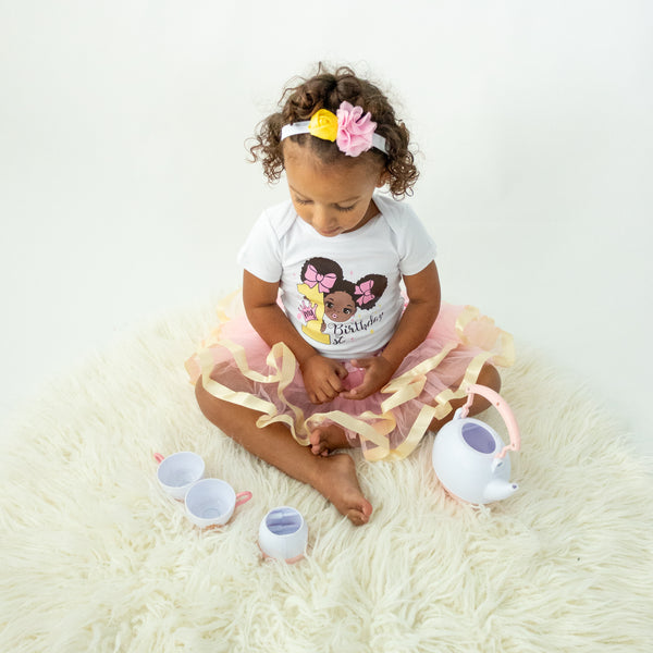Pink & Gold Afro Puffs 1st Birthday Outfit for Girls – Short Sleeve Bodysuit, Tutu Skirt & Headband Set