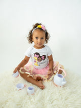 Pink & Gold Afro Puffs 1st Birthday Outfit for Girls – Short Sleeve Bodysuit, Tutu Skirt & Headband Set