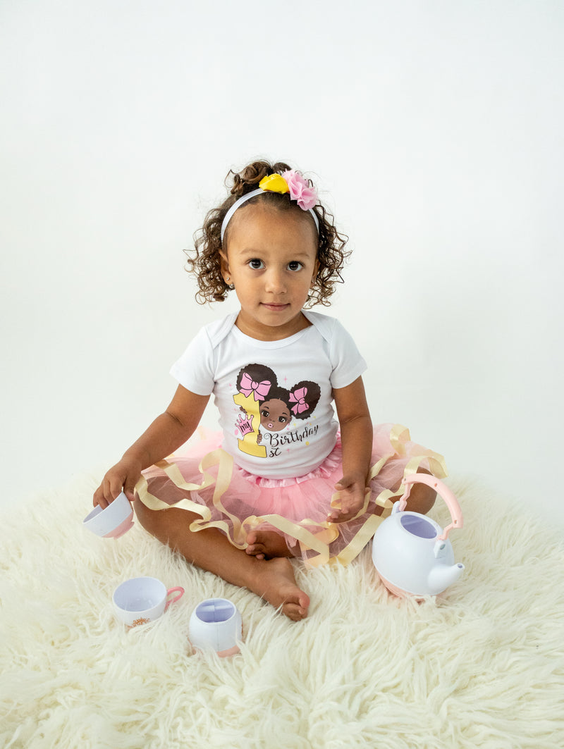 Pink & Gold Afro Puffs 1st Birthday Outfit for Girls – Short Sleeve Bodysuit, Tutu Skirt & Headband Set