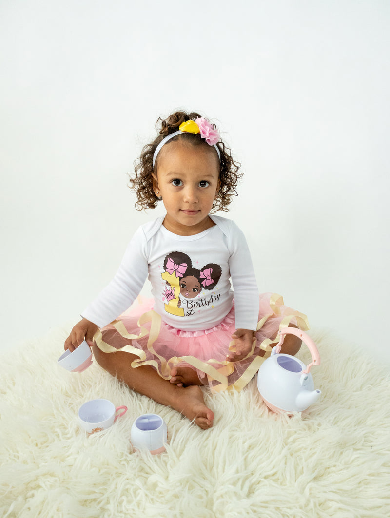 Pink & Gold Afro Puffs 1st Birthday Outfit for Girls – Long Sleeve Bodysuit, Tutu Skirt & Headband Set