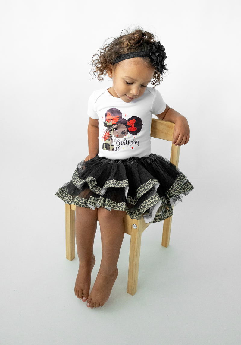 Leopard Afro Puff 1st Birthday Outfit for Girls – Short Sleeve Bodysuit, Tutu Skirt & Headband Set