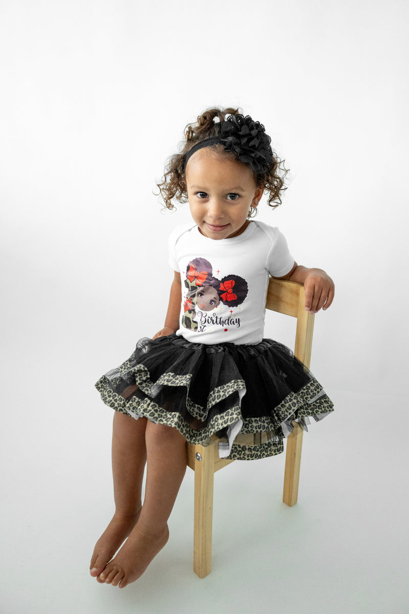 Leopard Afro Puff 1st Birthday Outfit for Girls – Short Sleeve Bodysuit, Tutu Skirt & Headband Set