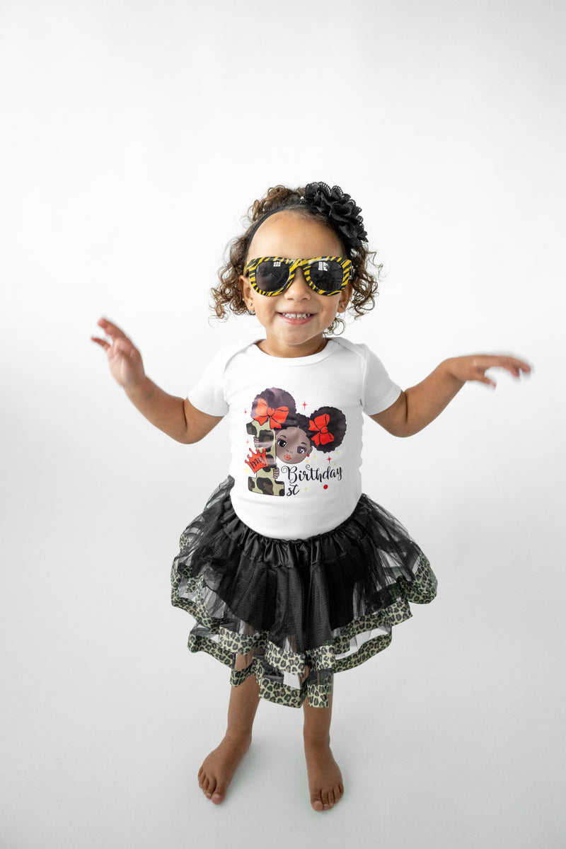 Leopard Afro Puff 1st Birthday Outfit for Girls – Short Sleeve Bodysuit, Tutu Skirt & Headband Set