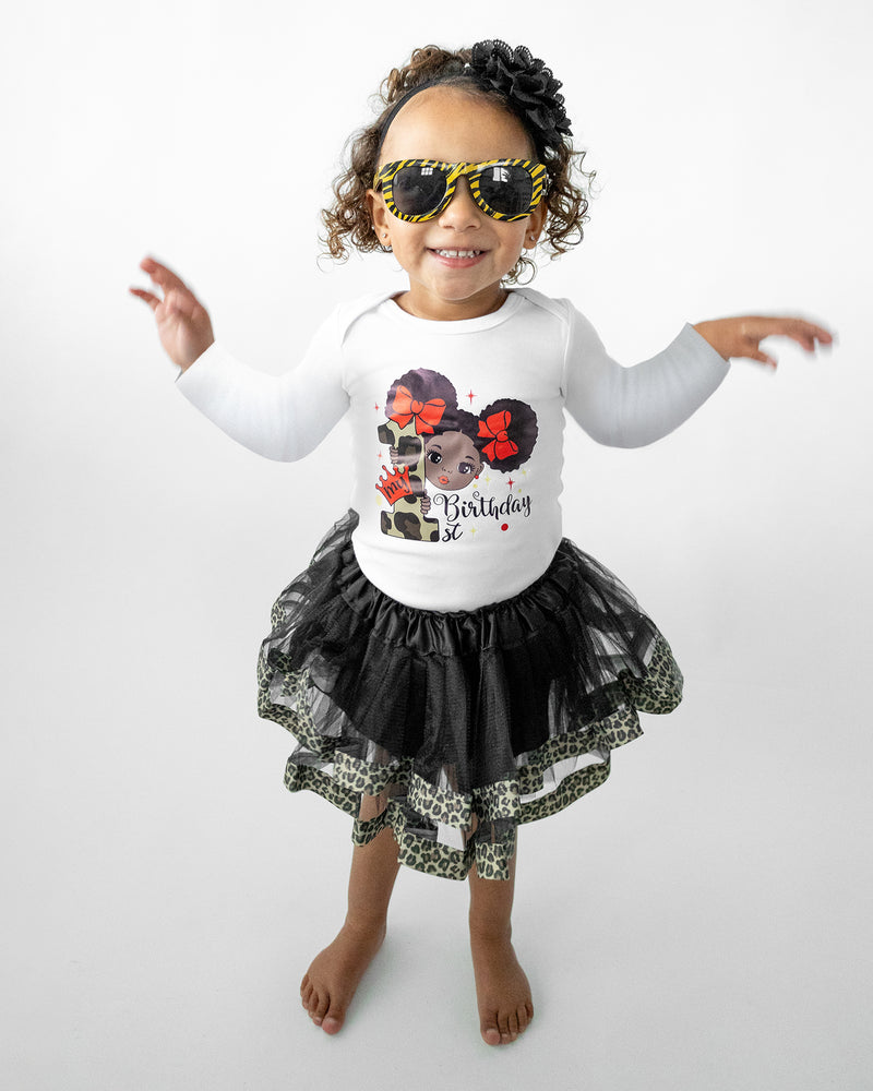 Leopard Afro Puffs 1st Birthday Outfit for Girls – Long Sleeve Bodysuit, Tutu Skirt & Headband Set
