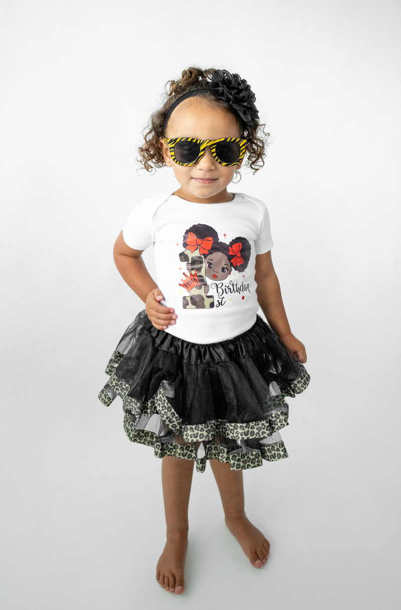 Leopard Afro Puff 1st Birthday Outfit for Girls – Short Sleeve Bodysuit, Tutu Skirt & Headband Set
