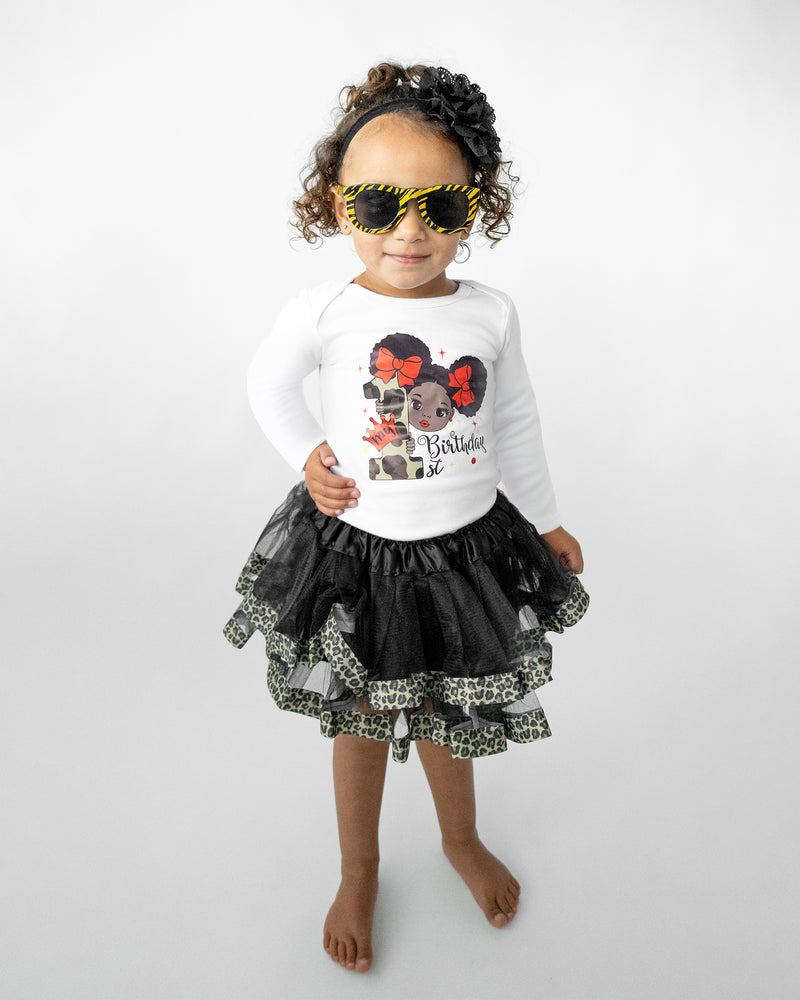 Leopard Afro Puffs 1st Birthday Outfit for Girls – Long Sleeve Bodysuit, Tutu Skirt & Headband Set