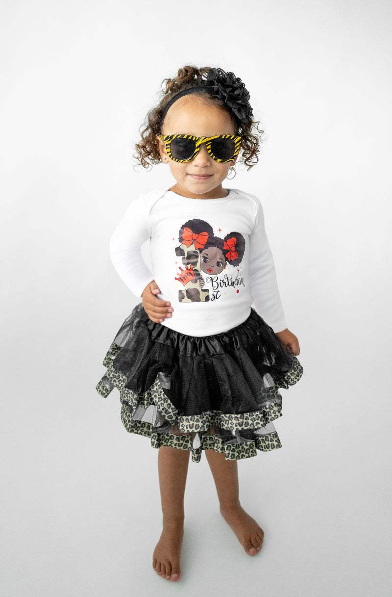 Leopard Afro Puffs 1st Birthday Outfit for Girls – Long Sleeve Bodysuit, Tutu Skirt & Headband Set