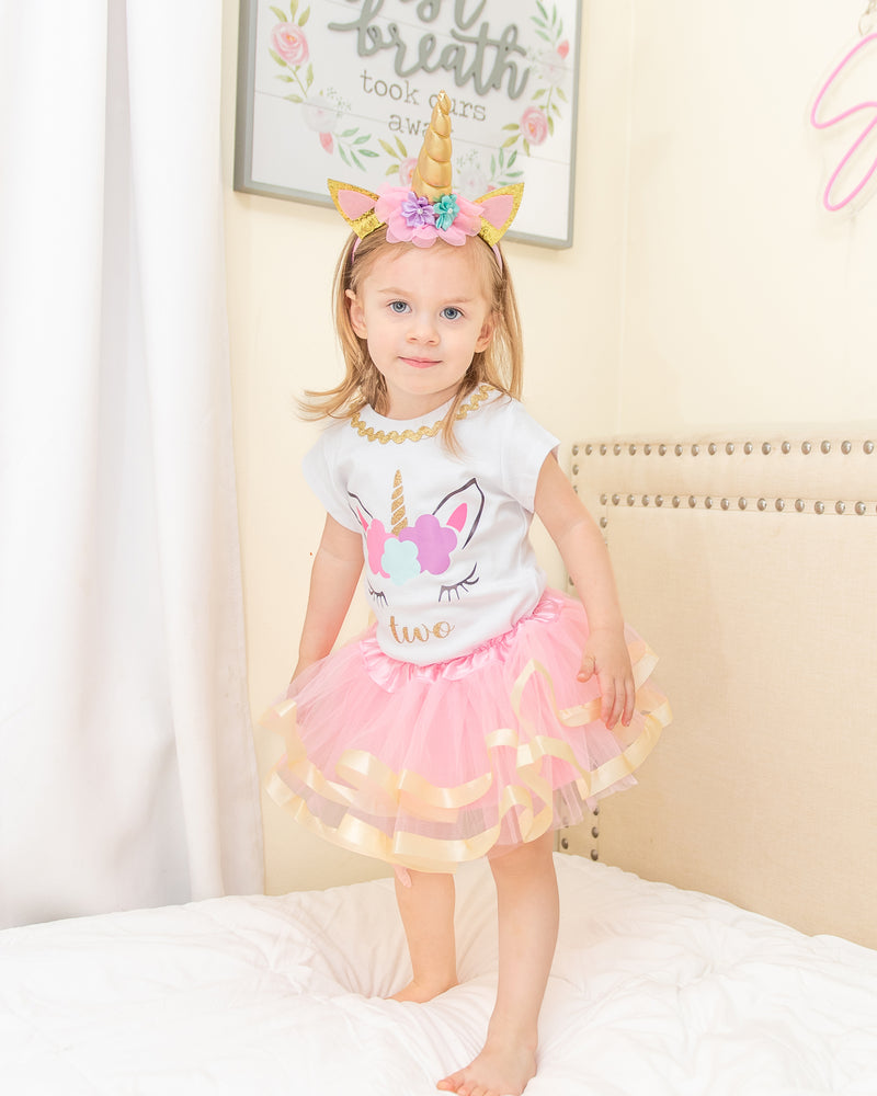 Unicorn 2nd Birthday Outfit for Girls – Short Sleeve Bodysuit, Pink Tutu Skirt & Headband Set