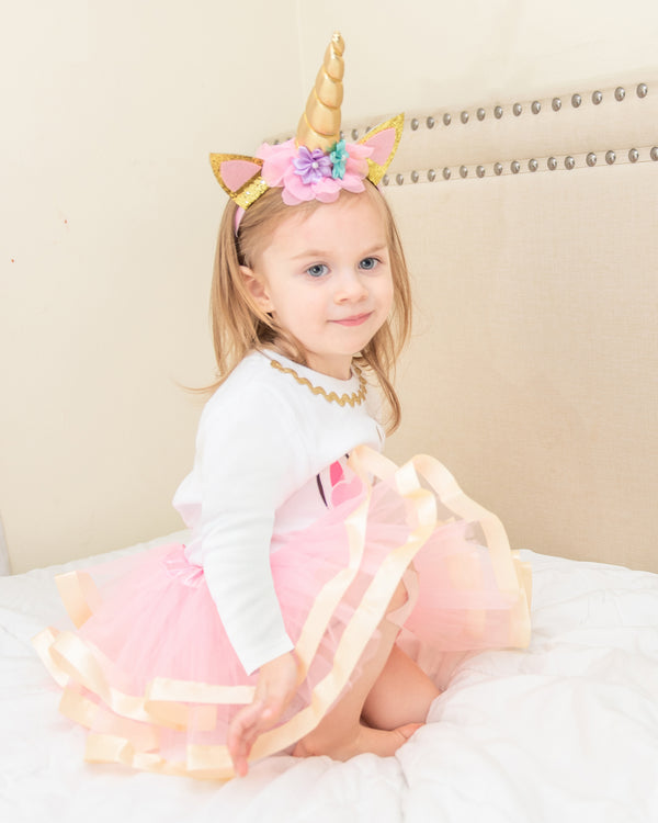 Unicorn 2nd Birthday Outfit for Girls – Long Sleeve Bodysuit, Pink Tutu Skirt & Unicorn Headband Set