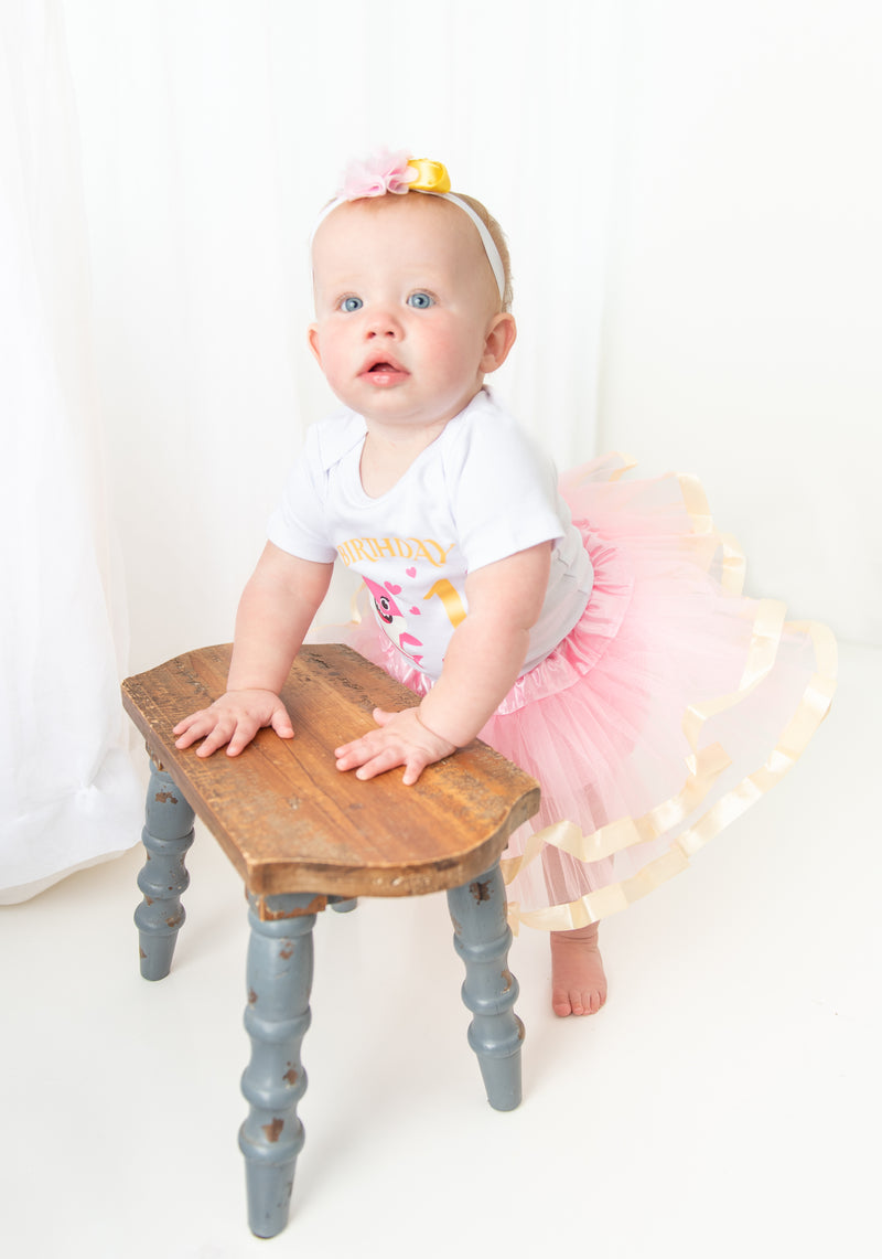 1st First Birthday Baby Girl Tutu Outfit- One Year Old Baby Shark Party Outfit- White/Pink