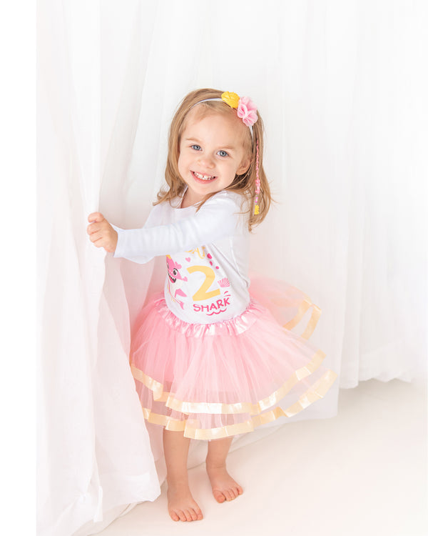Baby Shark 2nd Birthday Outfit for Girls – Long Sleeve Bodysuit, Pink Tutu Skirt & Headband Set