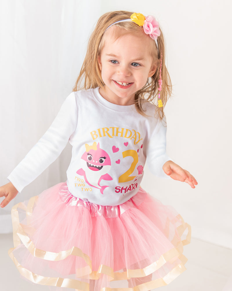 Baby Shark 2nd Birthday Outfit for Girls – Long Sleeve Bodysuit, Pink Tutu Skirt & Headband Set