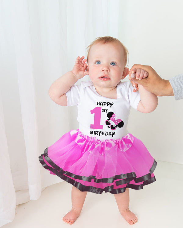 Minnie Pink 1st Birthday Outfit for Girls – Short Sleeve Bodysuit, Tutu Skirt & Mouse Ear Headband Set