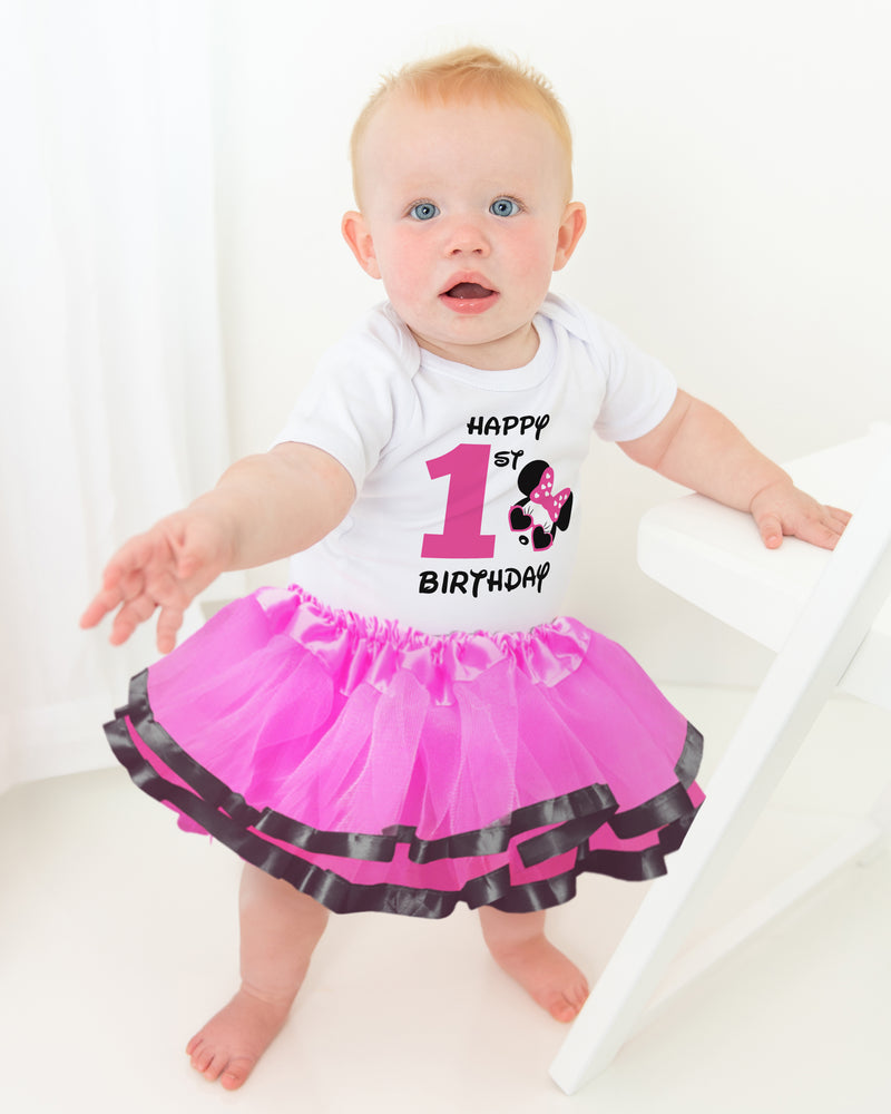 Minnie Pink 1st Birthday Outfit for Girls – Short Sleeve Bodysuit, Tutu Skirt & Mouse Ear Headband Set