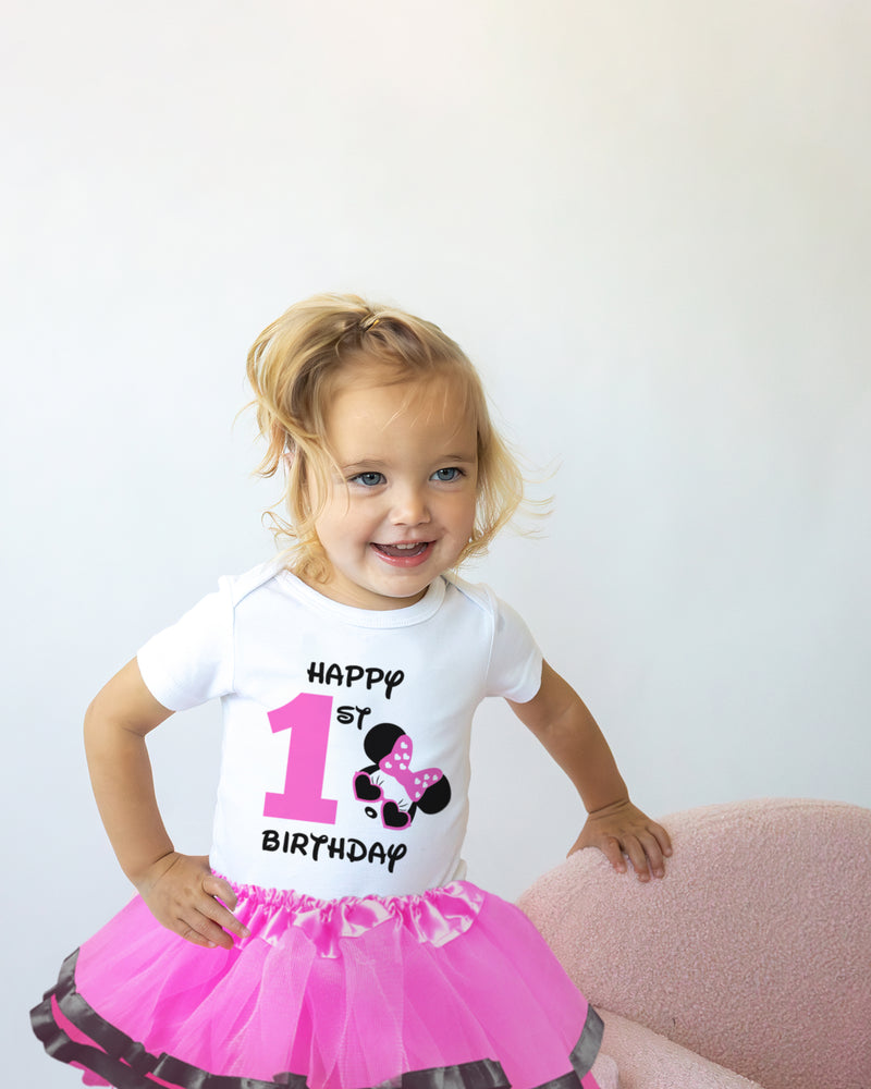 Minnie Pink 1st Birthday Outfit for Girls – Short Sleeve Bodysuit, Tutu Skirt & Mouse Ear Headband Set