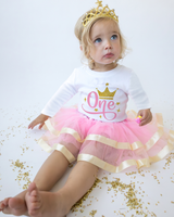 Pink & Gold Crown 1st Birthday Outfit for Girls – Long Sleeve Bodysuit, Tutu Skirt & Tiara Headband Set