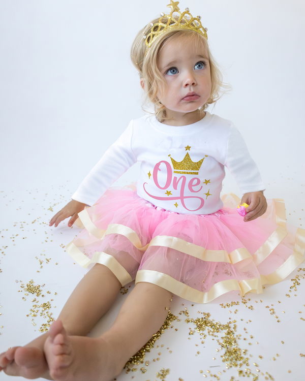 Pink & Gold Crown 1st Birthday Outfit for Girls – Long Sleeve Bodysuit, Tutu Skirt & Tiara Headband Set