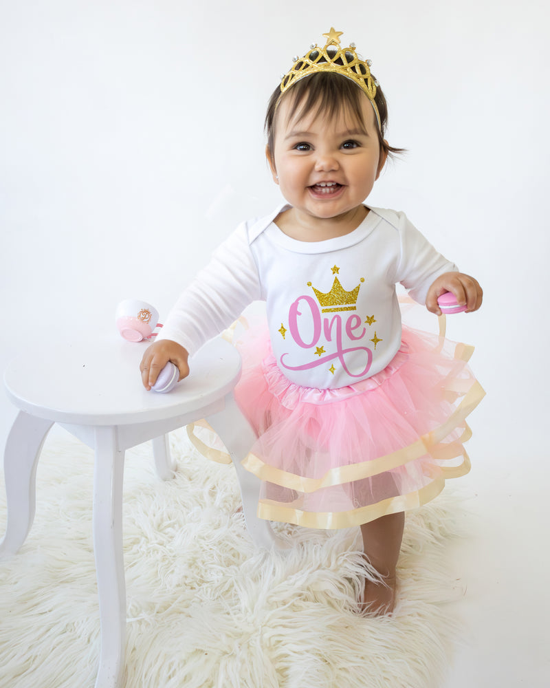 Pink & Gold Crown 1st Birthday Outfit for Girls – Long Sleeve Bodysuit, Tutu Skirt & Tiara Headband Set