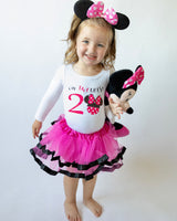 Toodles Minnie 2nd Birthday Outfit for Girls – Long Sleeve Bodysuit, Pink Tutu Skirt & Mouse Ear Headband Set