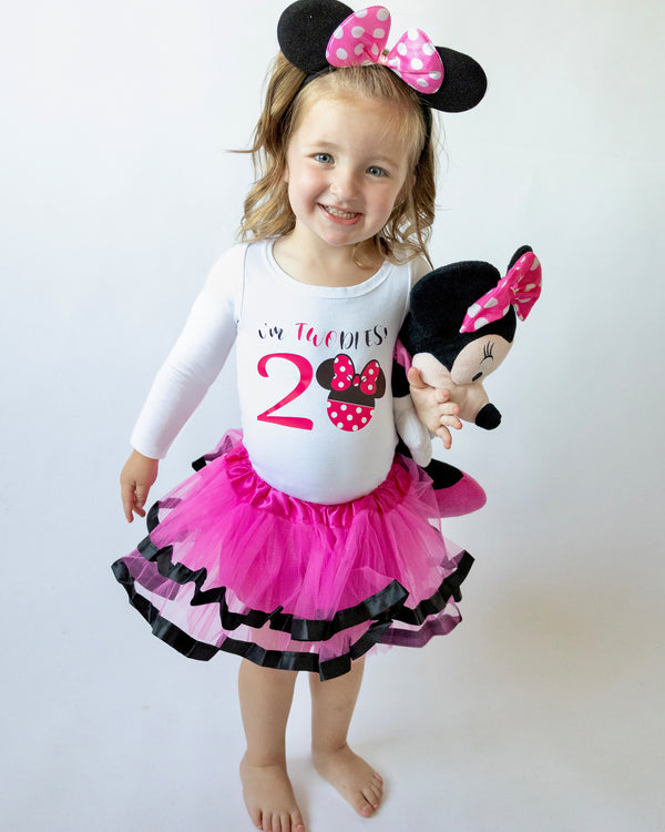 Toodles Minnie 2nd Birthday Outfit for Girls – Long Sleeve Bodysuit, Pink Tutu Skirt & Mouse Ear Headband Set