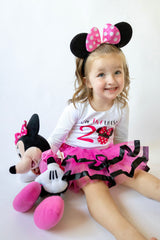 Toodles Minnie 2nd Birthday Outfit for Girls – Long Sleeve Bodysuit, Pink Tutu Skirt & Mouse Ear Headband Set