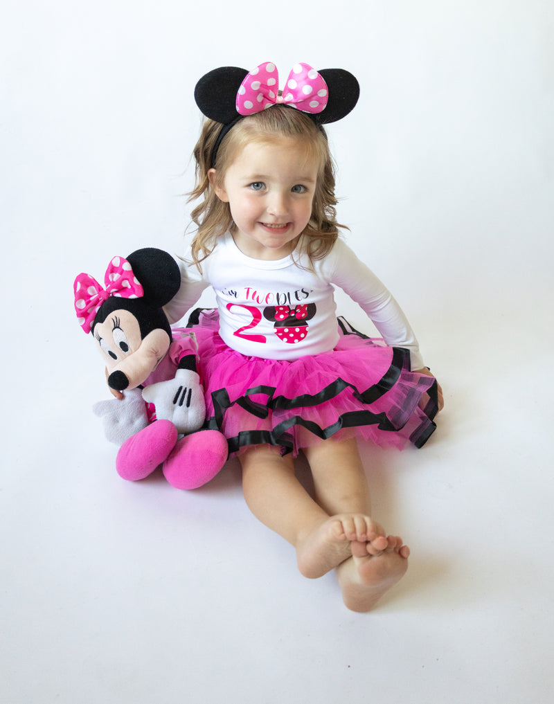 Toodles Minnie 2nd Birthday Outfit for Girls – Long Sleeve Bodysuit, Pink Tutu Skirt & Mouse Ear Headband Set