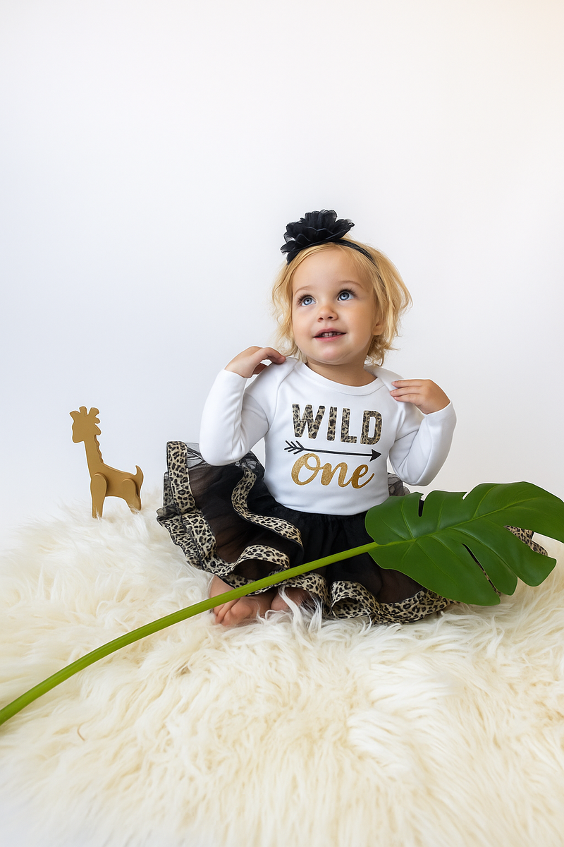 Wild One 1st Birthday Outfit for Girls – Long Sleeve Bodysuit, Leopard Tutu Skirt & Headband Set