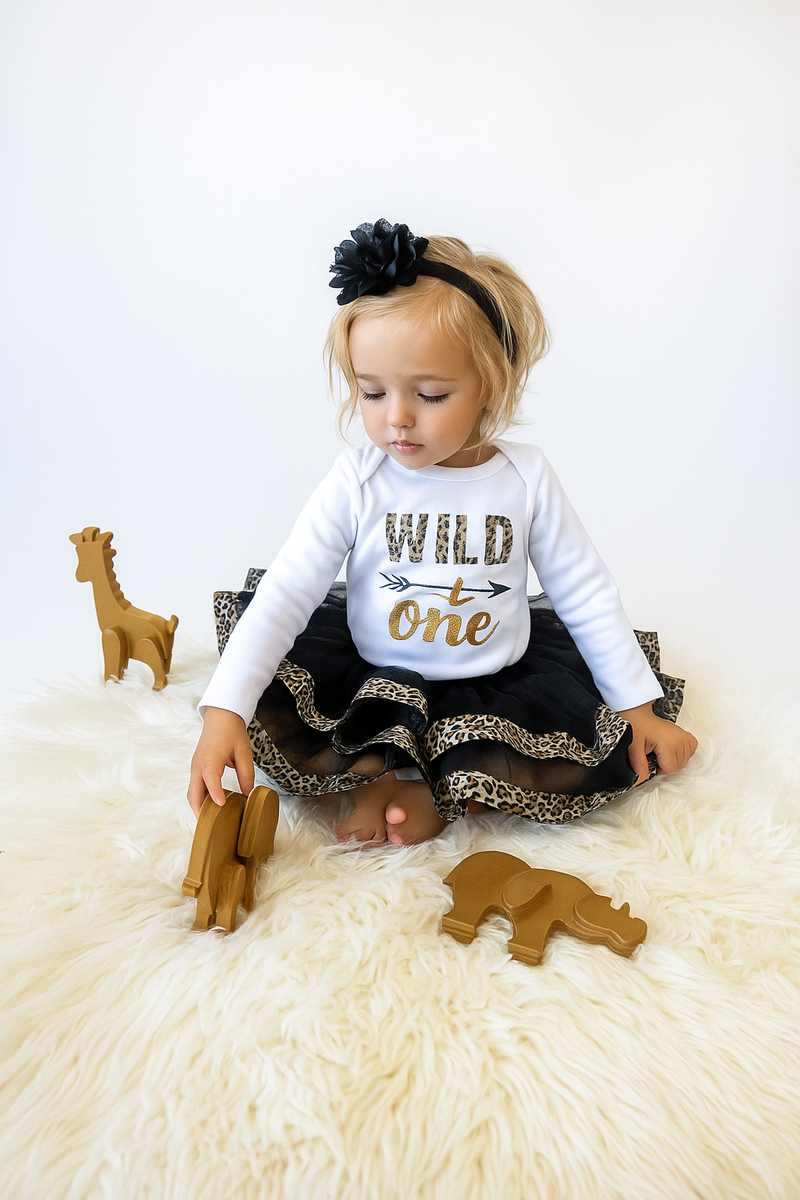 Wild One 1st Birthday Outfit for Girls – Long Sleeve Bodysuit, Leopard Tutu Skirt & Headband Set
