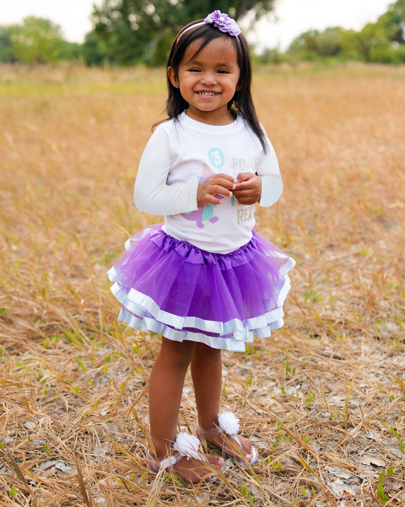 Three Rex 3rd Birthday Outfit for Girls – Long Sleeve Lavender Dinosaur Shirt, Tutu Skirt & Headband Set