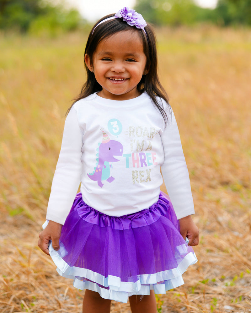 Three Rex 3rd Birthday Outfit for Girls – Long Sleeve Lavender Dinosaur Shirt, Tutu Skirt & Headband Set
