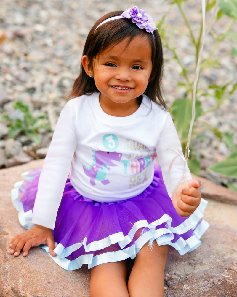 Three Rex 3rd Birthday Outfit for Girls – Long Sleeve Lavender Dinosaur Shirt, Tutu Skirt & Headband Set