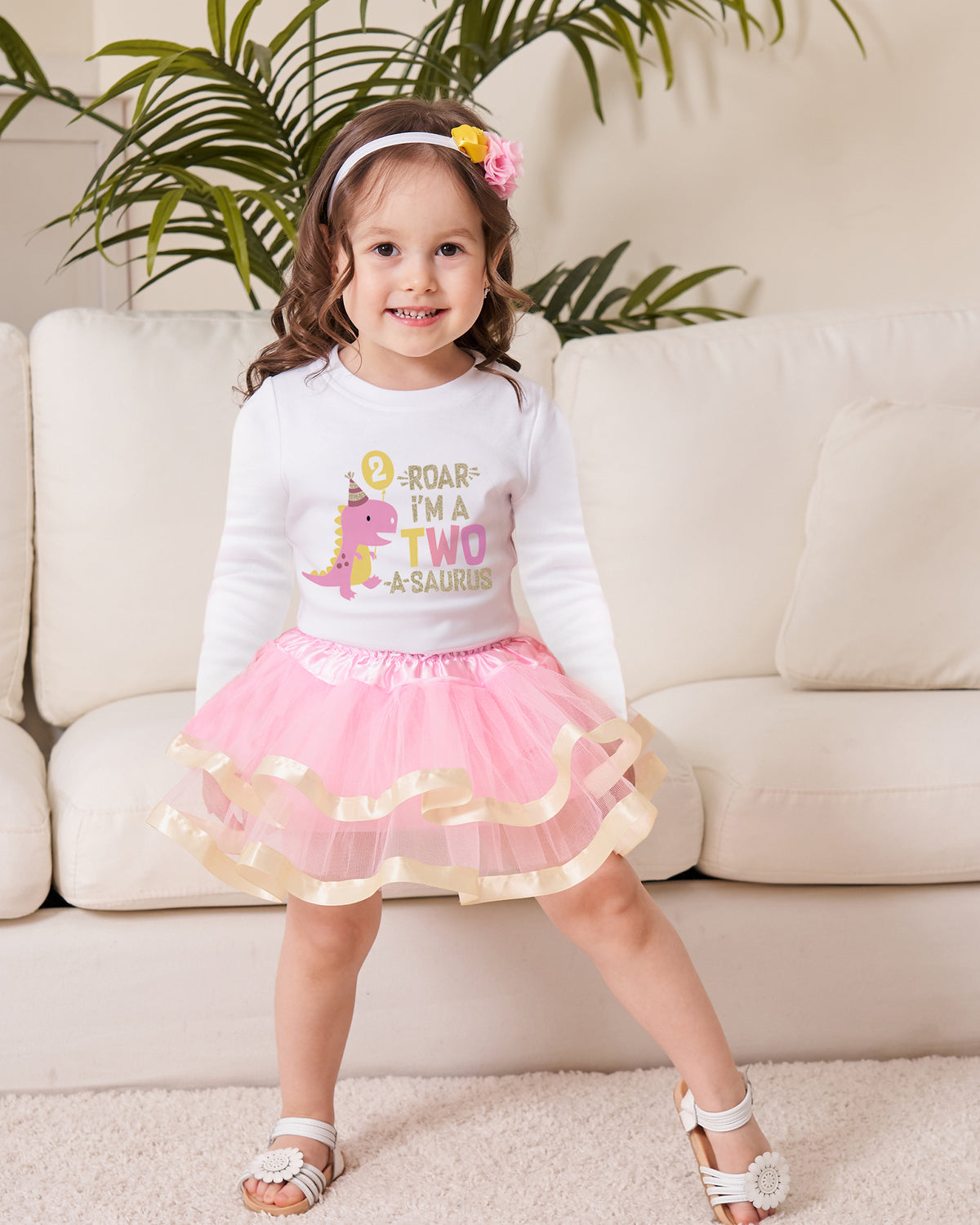 Luke and Lulu 2 Year Old Girl Dinosaur Birthday Outfit - Two Rex Pink Gold Dress with Headband for Toddlers