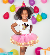 Girls 3rd Birthday Outfit – Short Sleeve Pink & Gold Afro Puffs Shirt, Tutu Skirt & Headband Set