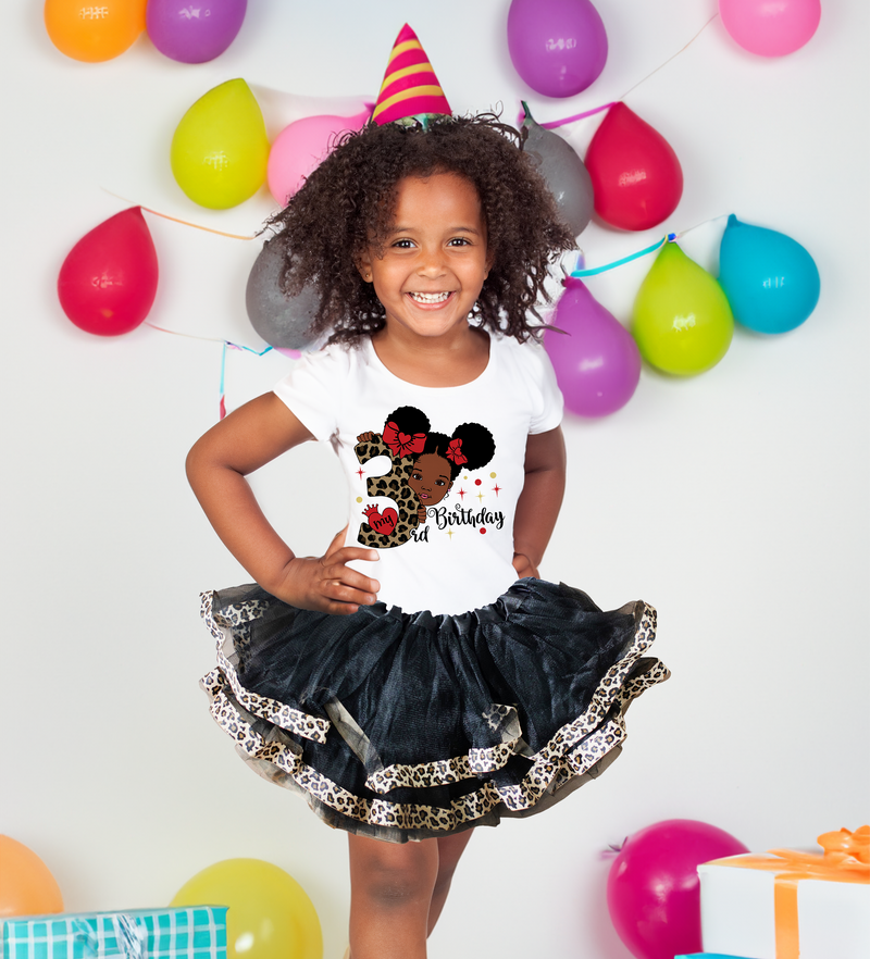 Girls 3rd Birthday Outfit – Short Sleeve Leopard Afro Puffs Shirt, Tutu Skirt & Headband Set