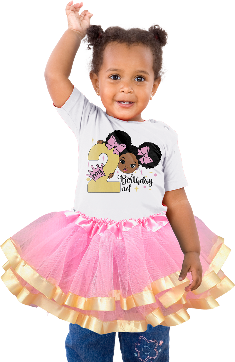 Afro Puff 2nd Birthday Outfit for Girls – Short Sleeve Bodysuit, Pink & Gold Tutu Skirt & Headband Set