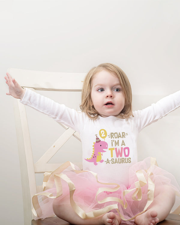 Two Rex 2nd Birthday Outfit for Girls – Pink Dinosaur Long Sleeve Bodysuit, Tutu Skirt & Headband Set