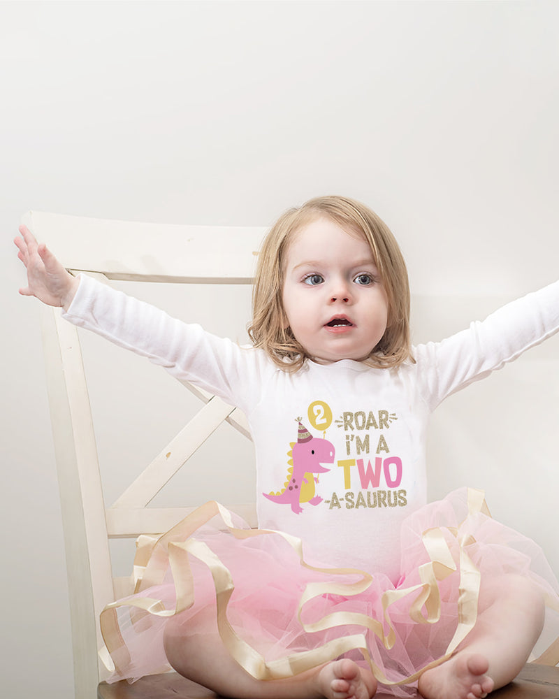 Two Rex 2nd Birthday Outfit for Girls – Pink Dinosaur Long Sleeve Bodysuit, Tutu Skirt & Headband Set