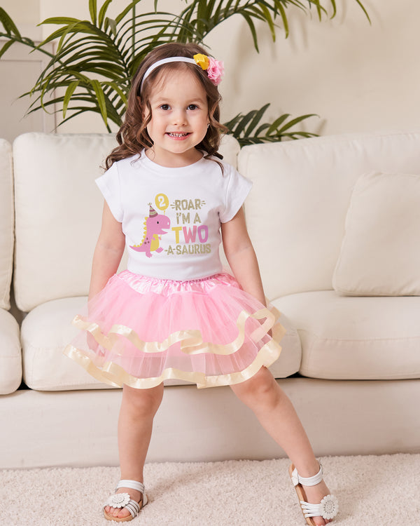 Two Rex 2nd Birthday Outfit for Girls – Pink Dinosaur Short Sleeve Bodysuit, Tutu Skirt & Headband Set