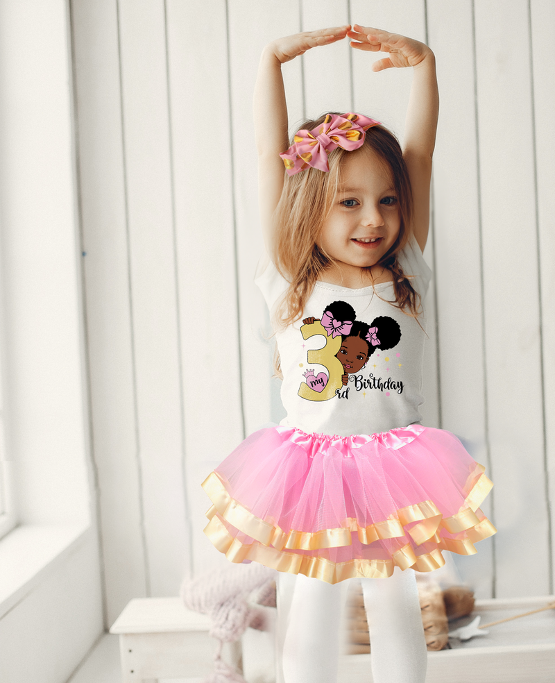 Girls 3rd Birthday Outfit – Short Sleeve Pink & Gold Afro Puffs Shirt, Tutu Skirt & Headband Set