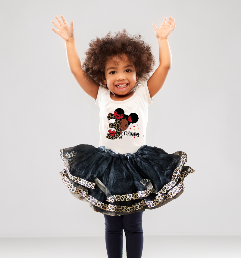Girls 3rd Birthday Outfit – Short Sleeve Leopard Afro Puffs Shirt, Tutu Skirt & Headband Set