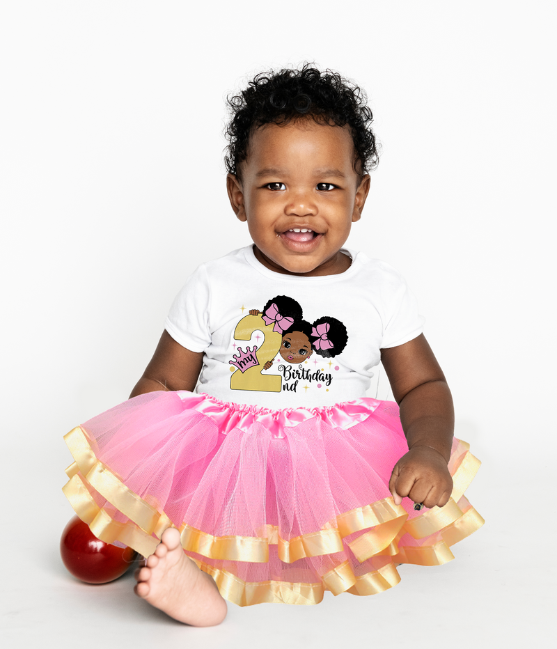 Afro Puff 2nd Birthday Outfit for Girls – Short Sleeve Bodysuit, Pink & Gold Tutu Skirt & Headband Set