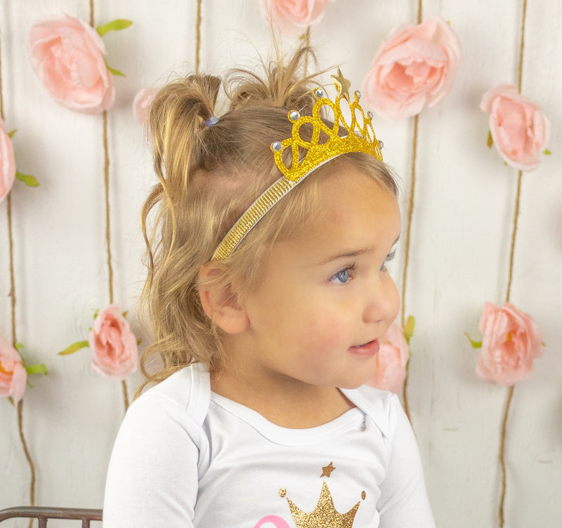 Pink & Gold Crown 1st Birthday Outfit for Girls – Long Sleeve Bodysuit, Tutu Skirt & Tiara Headband Set