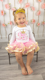 Pink & Gold Crown 1st Birthday Outfit for Girls – Long Sleeve Bodysuit, Tutu Skirt & Tiara Headband Set