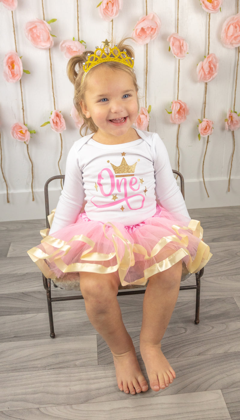 Pink & Gold Crown 1st Birthday Outfit for Girls – Long Sleeve Bodysuit, Tutu Skirt & Tiara Headband Set