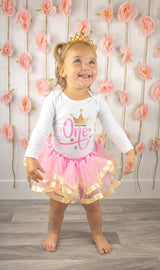 Pink & Gold Crown 1st Birthday Outfit for Girls – Long Sleeve Bodysuit, Tutu Skirt & Tiara Headband Set