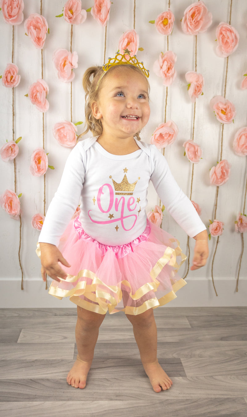 Pink & Gold Crown 1st Birthday Outfit for Girls – Long Sleeve Bodysuit, Tutu Skirt & Tiara Headband Set