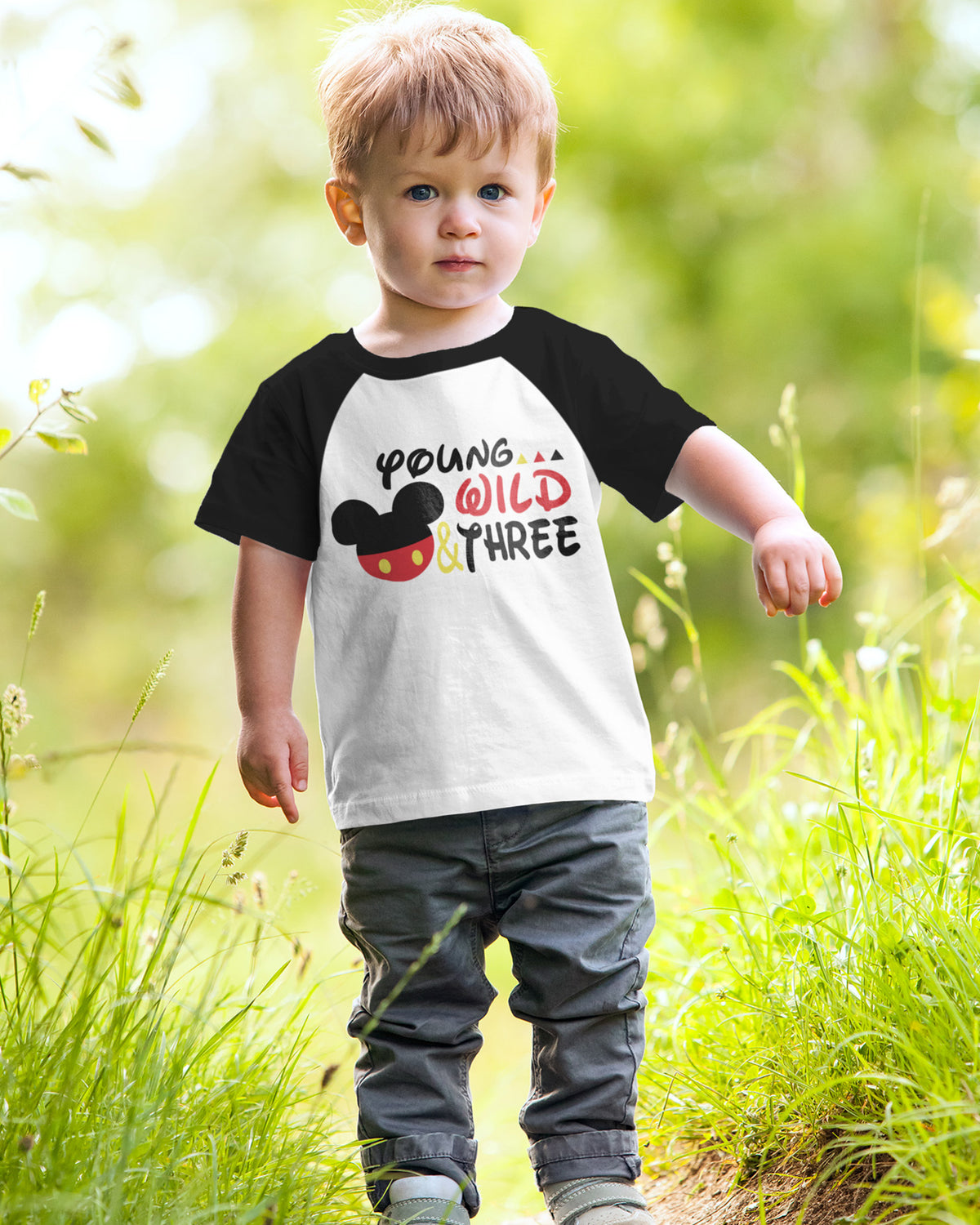Luke and Lulu Toddler 3rd Birthday Mouse Shirt, Boys' Young Wild and Three Raglan Tee, 3-4T
