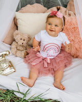 Rainbow Rose 2nd Birthday Outfit for Girls – Short Sleeve Bodysuit, Layered Tutu Skirt & Floral Headband Set